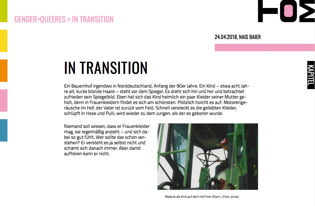 Artikel auf TOM-Website mit dem Titel "In Transition"