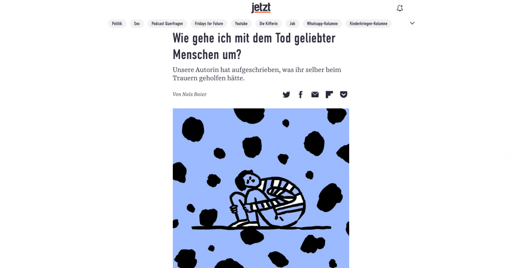 Artikel auf jetzt-Website mit dem Titel "Wie gehe ich mit dem Tod geliebter Menschen um?"