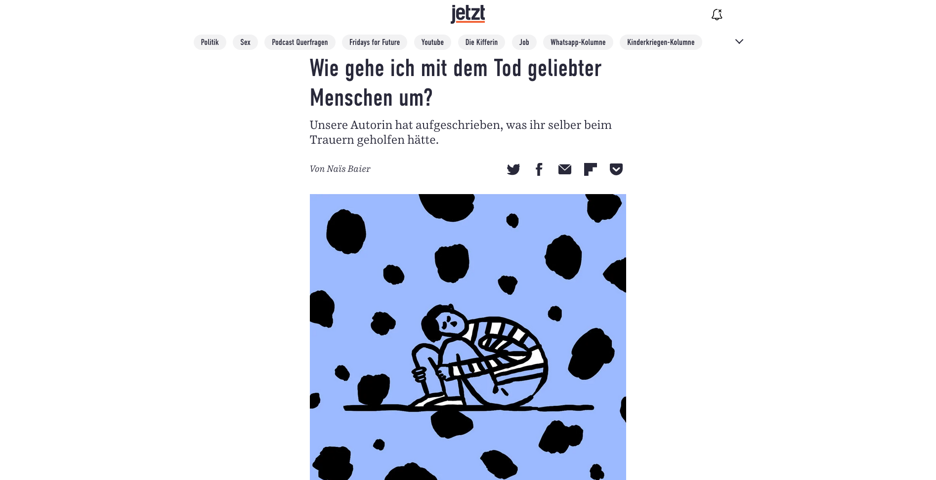 Artikel auf jetzt-Website mit dem Titel "Wie gehe ich mit dem Tod geliebter Menschen um?"